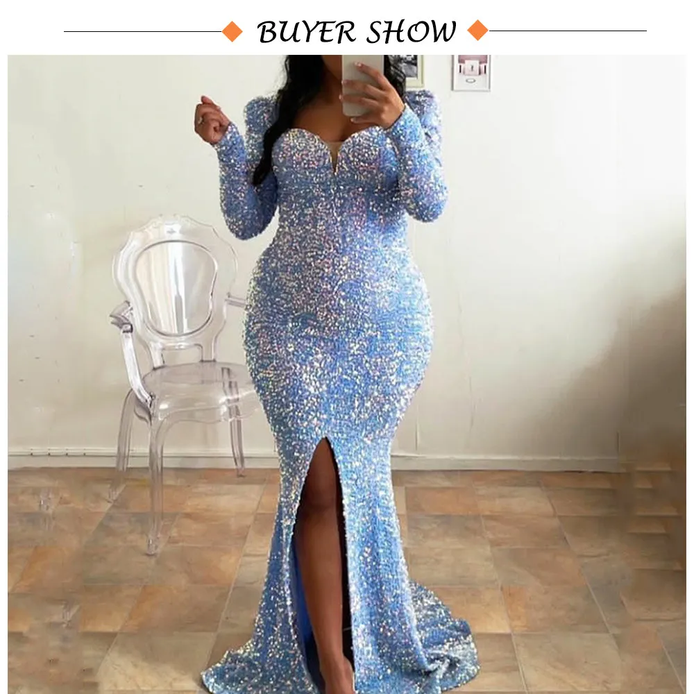 LANFUBEISI  Sky Blue Long Sleeve Mermaid Wedding Gown Shiny Sequin Stretchy Velvet Slit Leg Evening Maxi Prom Dresses Winter