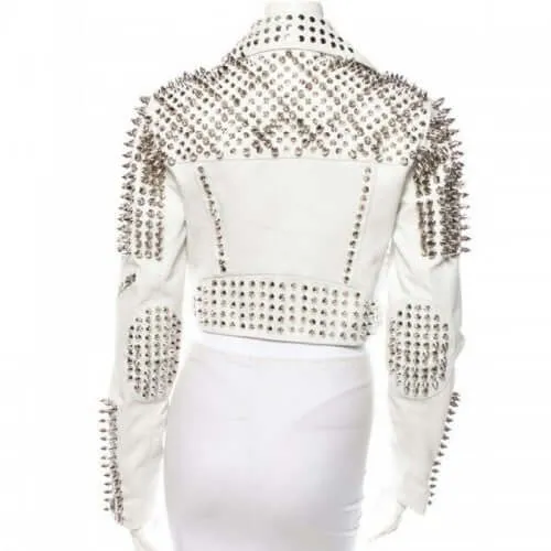 Leather Rider Womens For Mens Silver Tone Studded White Leather Jacket