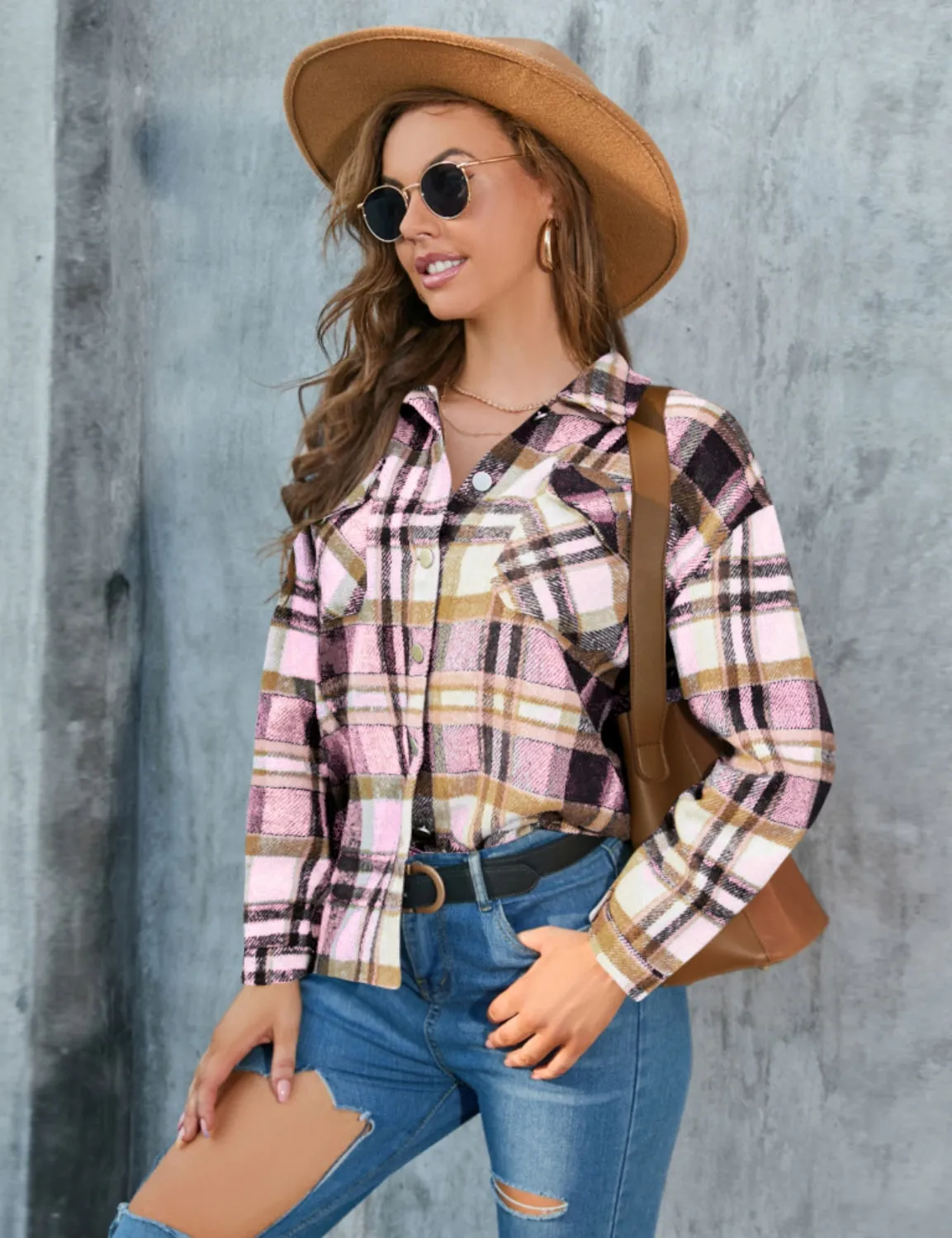 Long Sleeve Plaid Button Shirt Coat