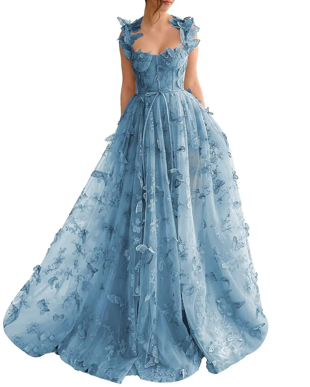 Long Tulle Prom Dress with 3D Butterflies Dress Ball Gown Evening Dresses Party Wedding Formal Dress Slit