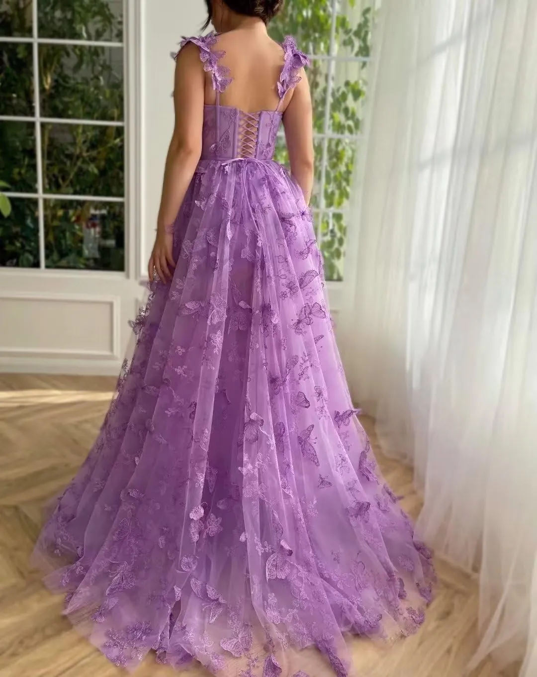 Long Tulle Prom Dress with 3D Butterflies Dress Ball Gown Evening Dresses Party Wedding Formal Dress Slit