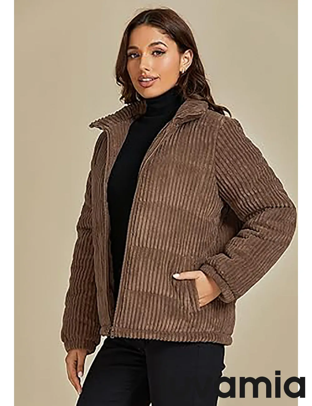 Luvamia Women Casual Corduroy Winter Full Front Zip Stand Neck Long Fit Moderate Jackets