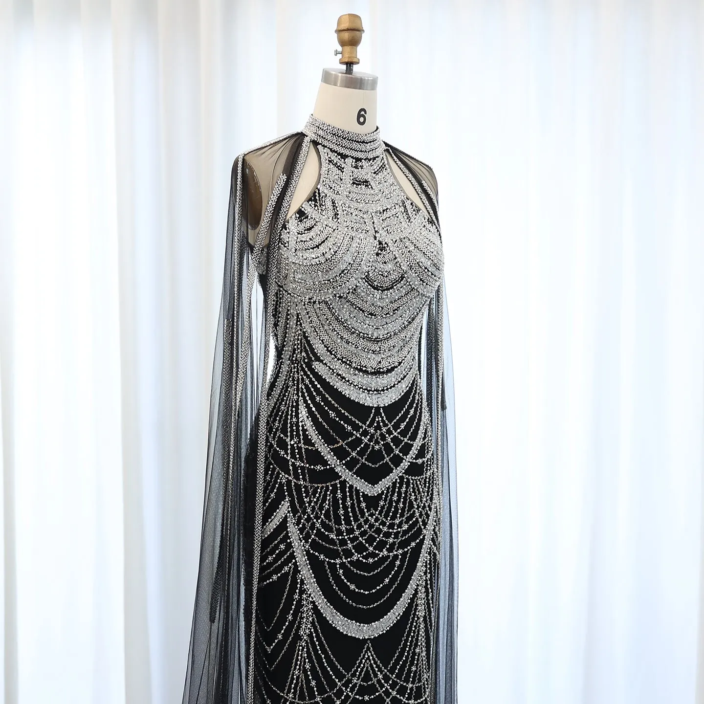 Luxury Black Evening Dress with Cape Sleeves SS209