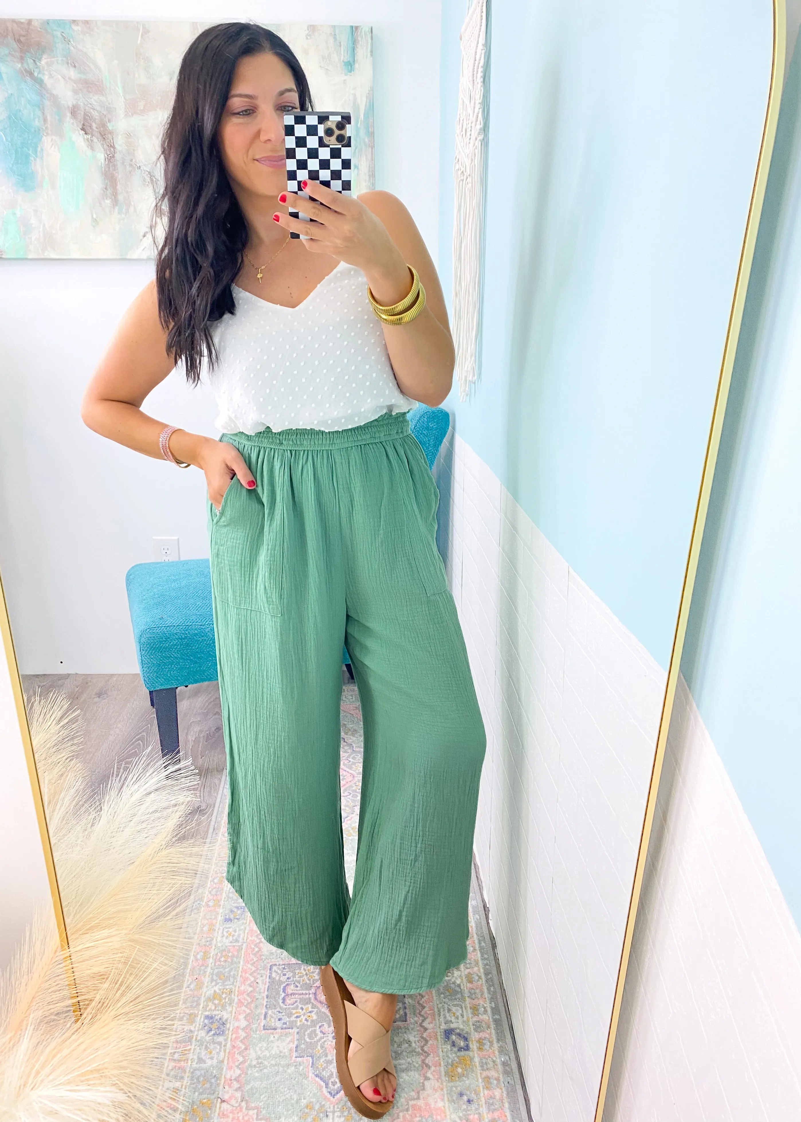 'Many Travels' Sage Crinkle Gauze Cropped Pants