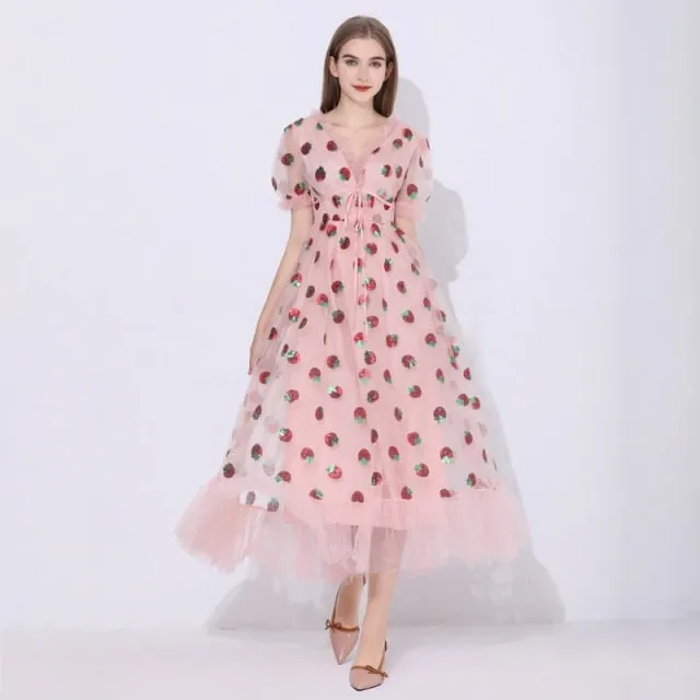 Maxi Dresses For Women  Summer Strawberry Dress Plus Size Mesh Robe Sexy Party Club Elegant Female Casual Dresses Vestidos