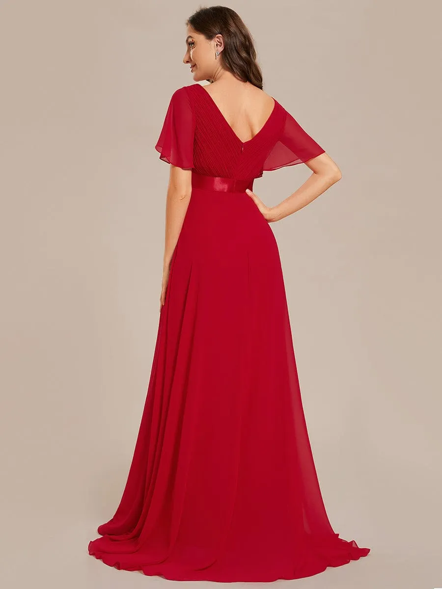 Monica | Long Empire Waist Bridesmaid Dress with Short Flutter Sleeves