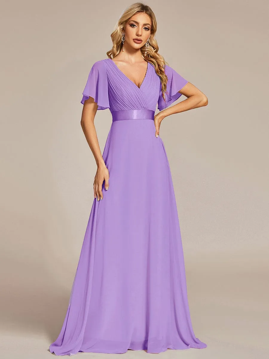 Monica | Long Empire Waist Bridesmaid Dress with Short Flutter Sleeves