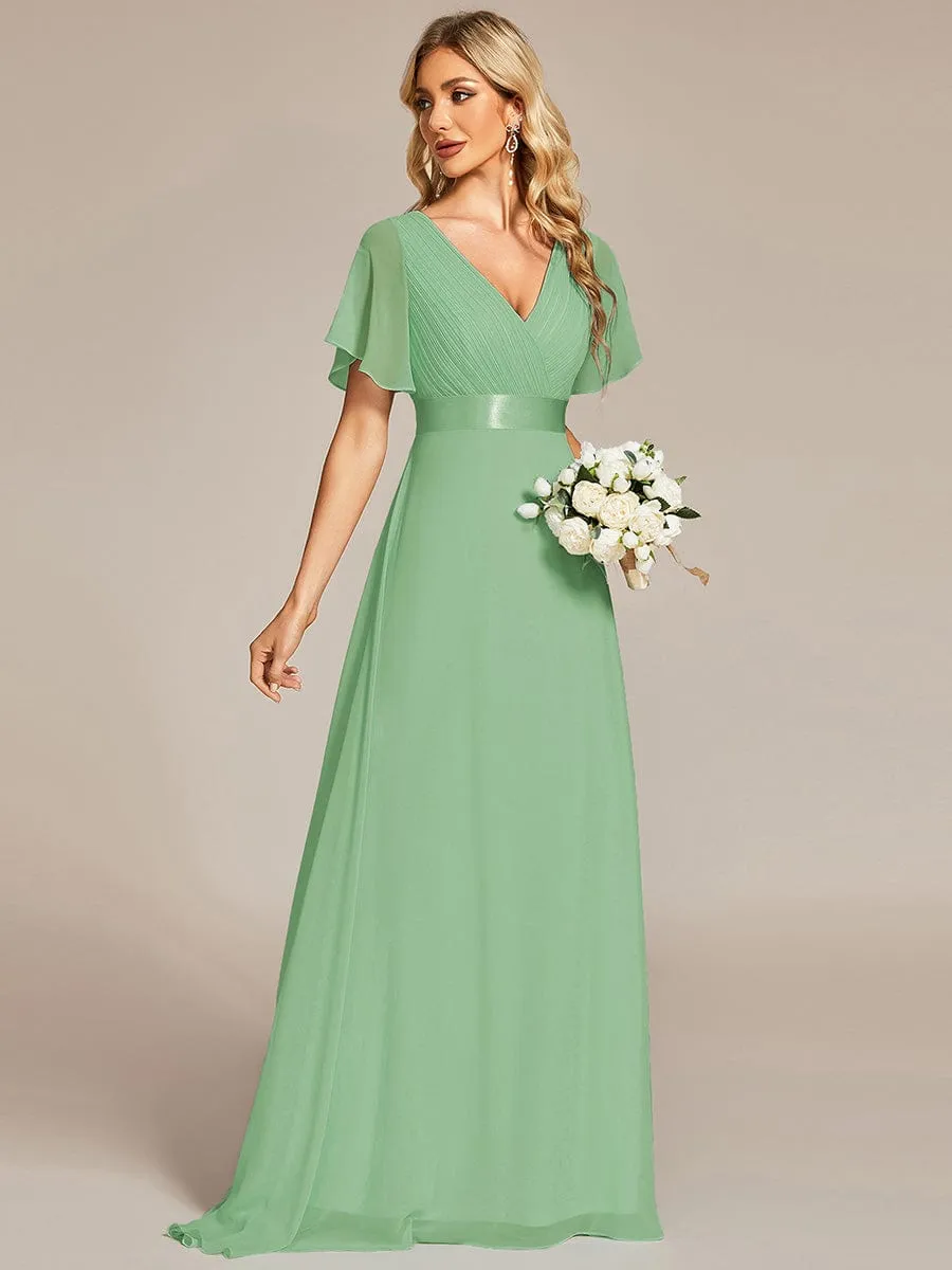 Monica | Long Empire Waist Bridesmaid Dress with Short Flutter Sleeves