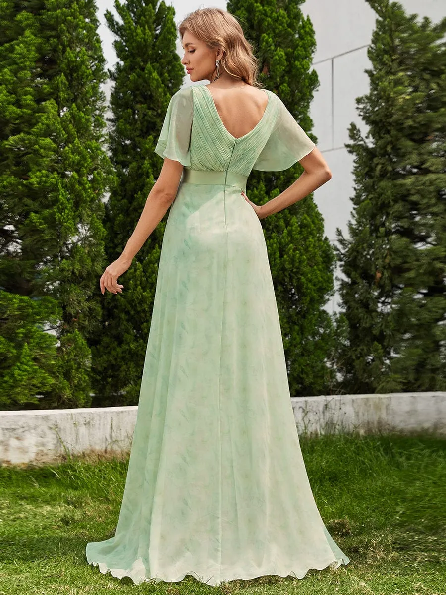 Monica | Long Empire Waist Bridesmaid Dress with Short Flutter Sleeves