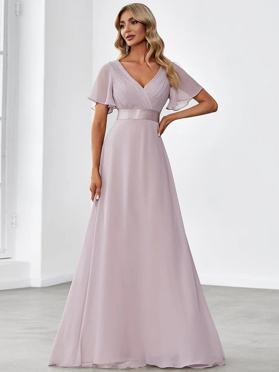 Monica | Long Empire Waist Bridesmaid Dress with Short Flutter Sleeves