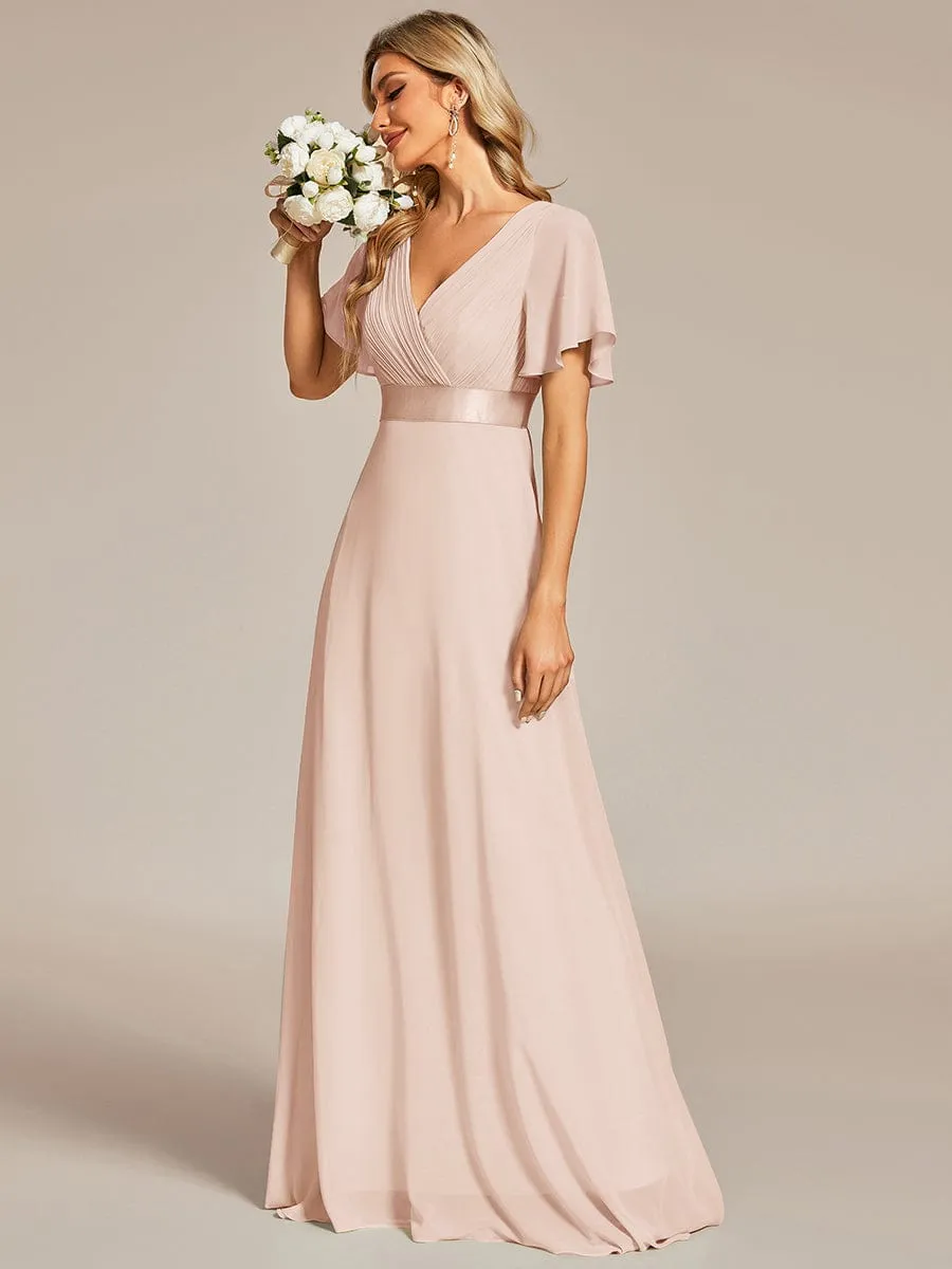 Monica | Long Empire Waist Bridesmaid Dress with Short Flutter Sleeves