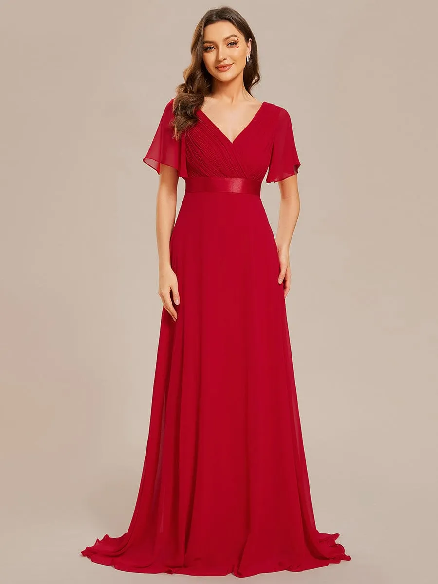 Monica | Long Empire Waist Bridesmaid Dress with Short Flutter Sleeves