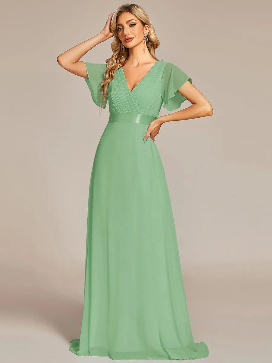 Monica | Long Empire Waist Bridesmaid Dress with Short Flutter Sleeves