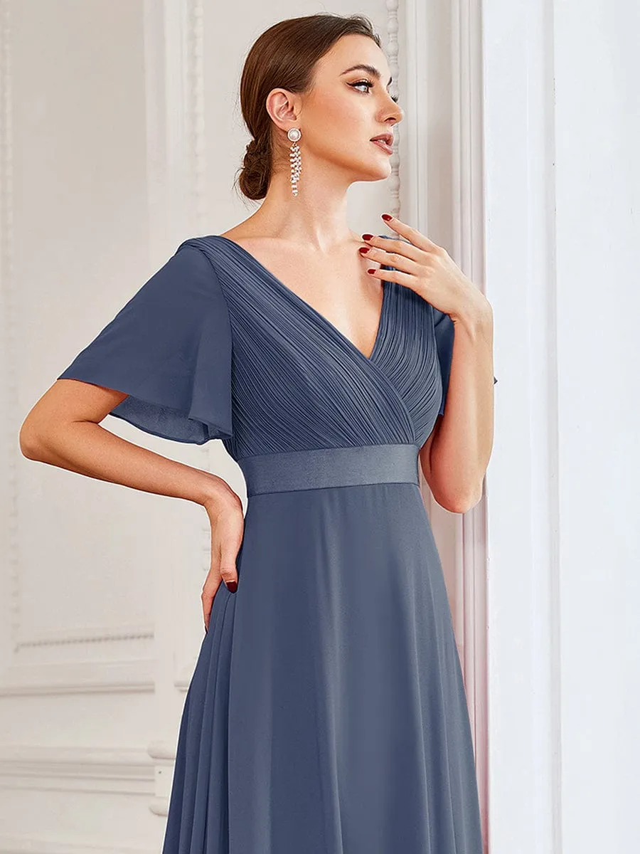 Monica | Long Empire Waist Bridesmaid Dress with Short Flutter Sleeves