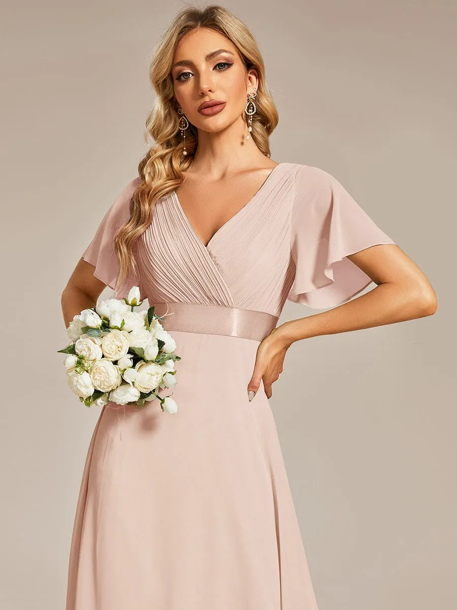 Monica | Long Empire Waist Bridesmaid Dress with Short Flutter Sleeves