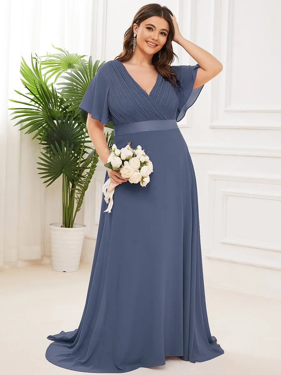 Monica | Long Empire Waist Bridesmaid Dress with Short Flutter Sleeves