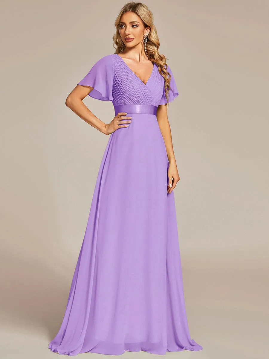 Monica | Long Empire Waist Bridesmaid Dress with Short Flutter Sleeves