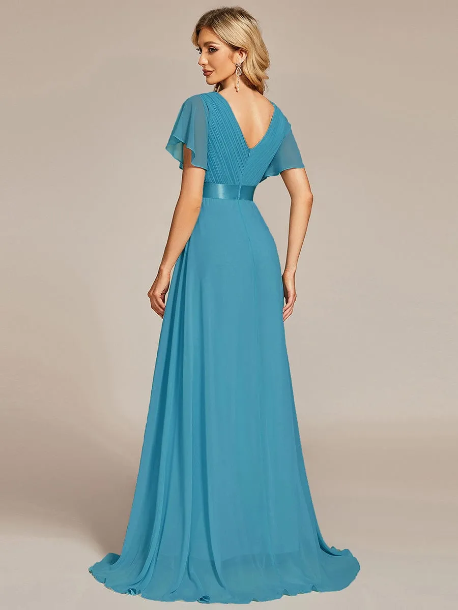 Monica | Long Empire Waist Bridesmaid Dress with Short Flutter Sleeves