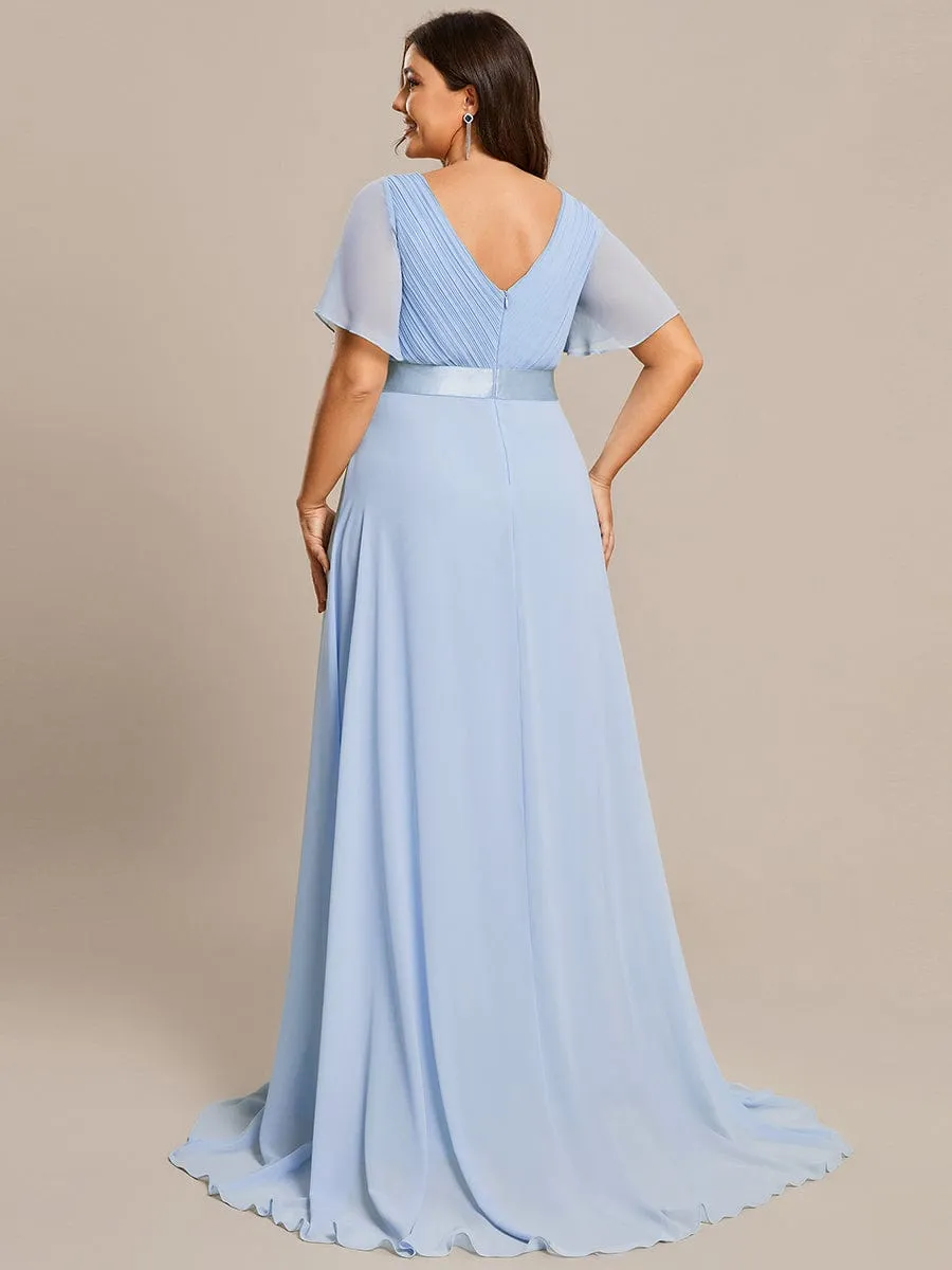 Monica | Long Empire Waist Bridesmaid Dress with Short Flutter Sleeves