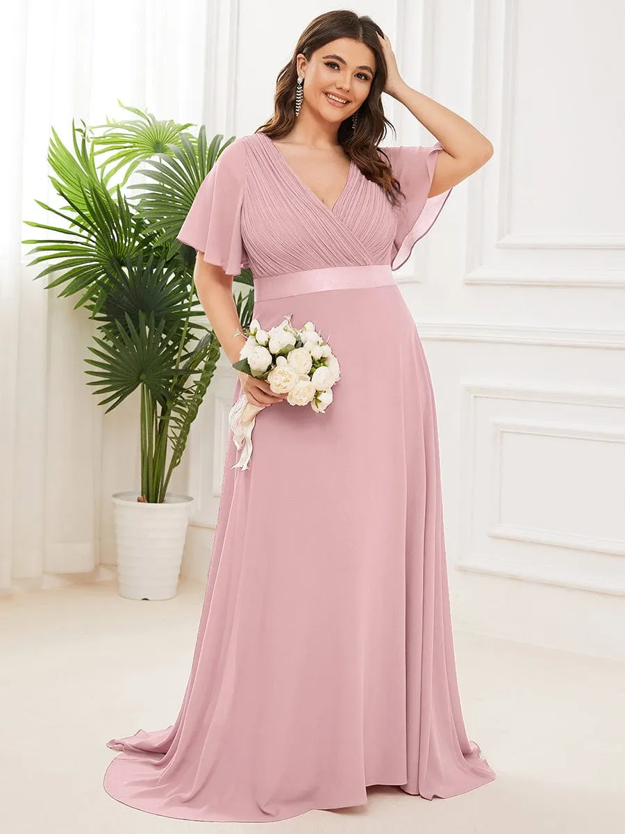 Monica | Long Empire Waist Bridesmaid Dress with Short Flutter Sleeves