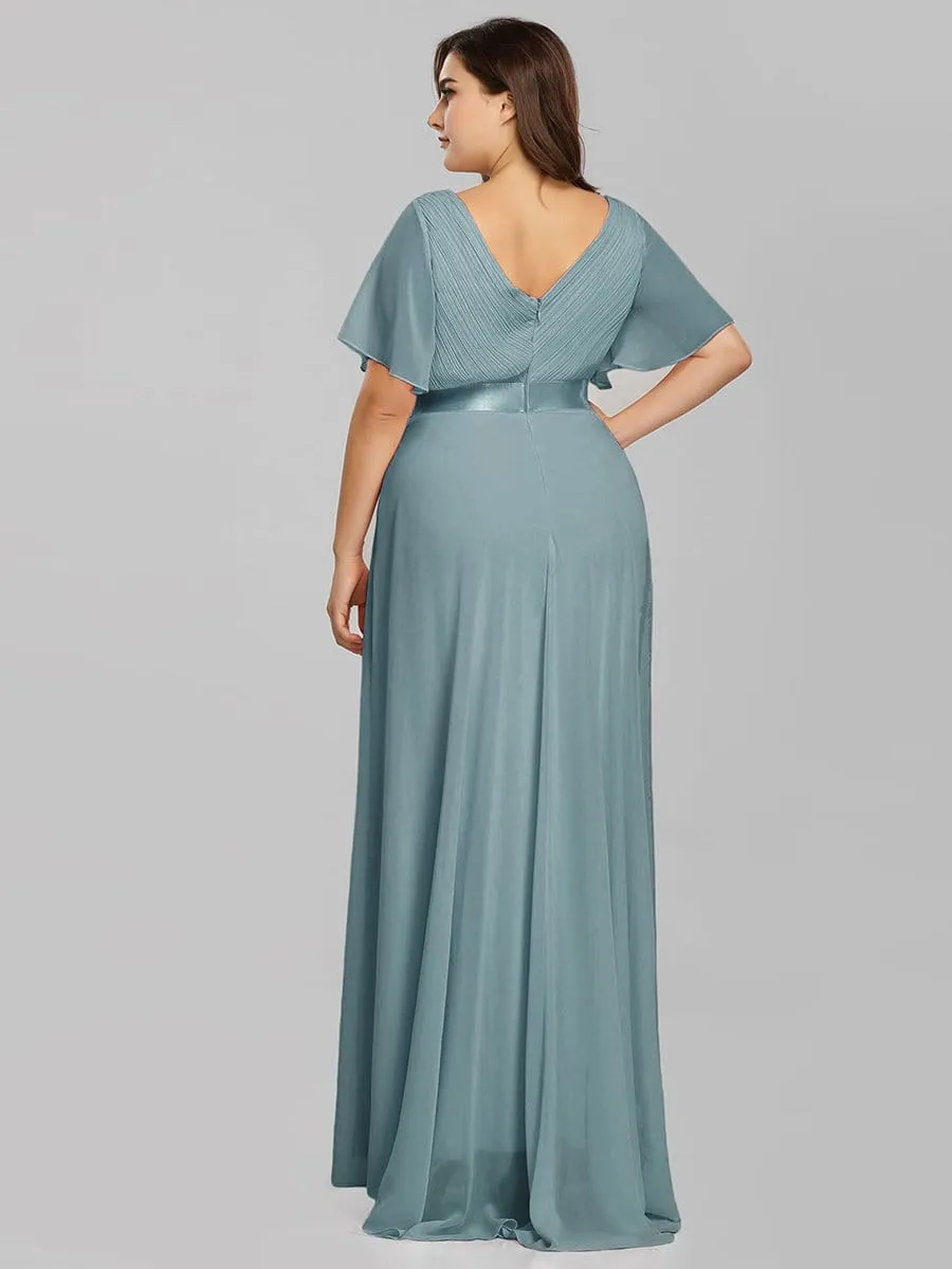 Monica | Long Empire Waist Bridesmaid Dress with Short Flutter Sleeves