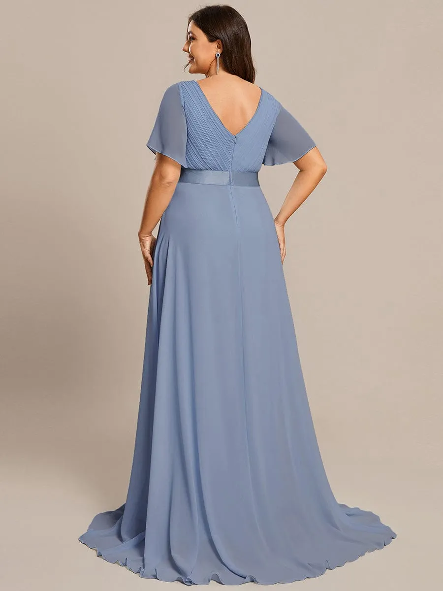 Monica | Long Empire Waist Bridesmaid Dress with Short Flutter Sleeves