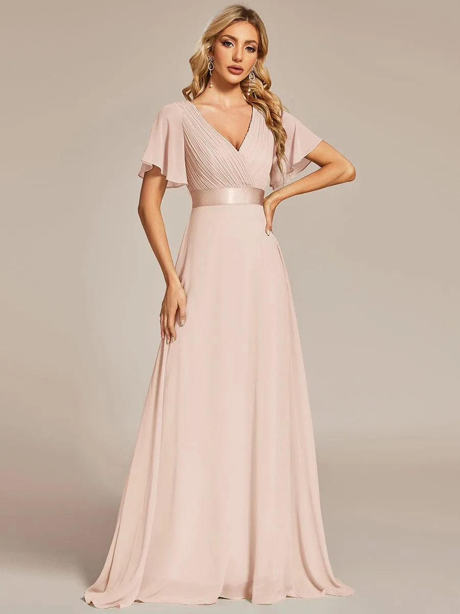 Monica | Long Empire Waist Bridesmaid Dress with Short Flutter Sleeves