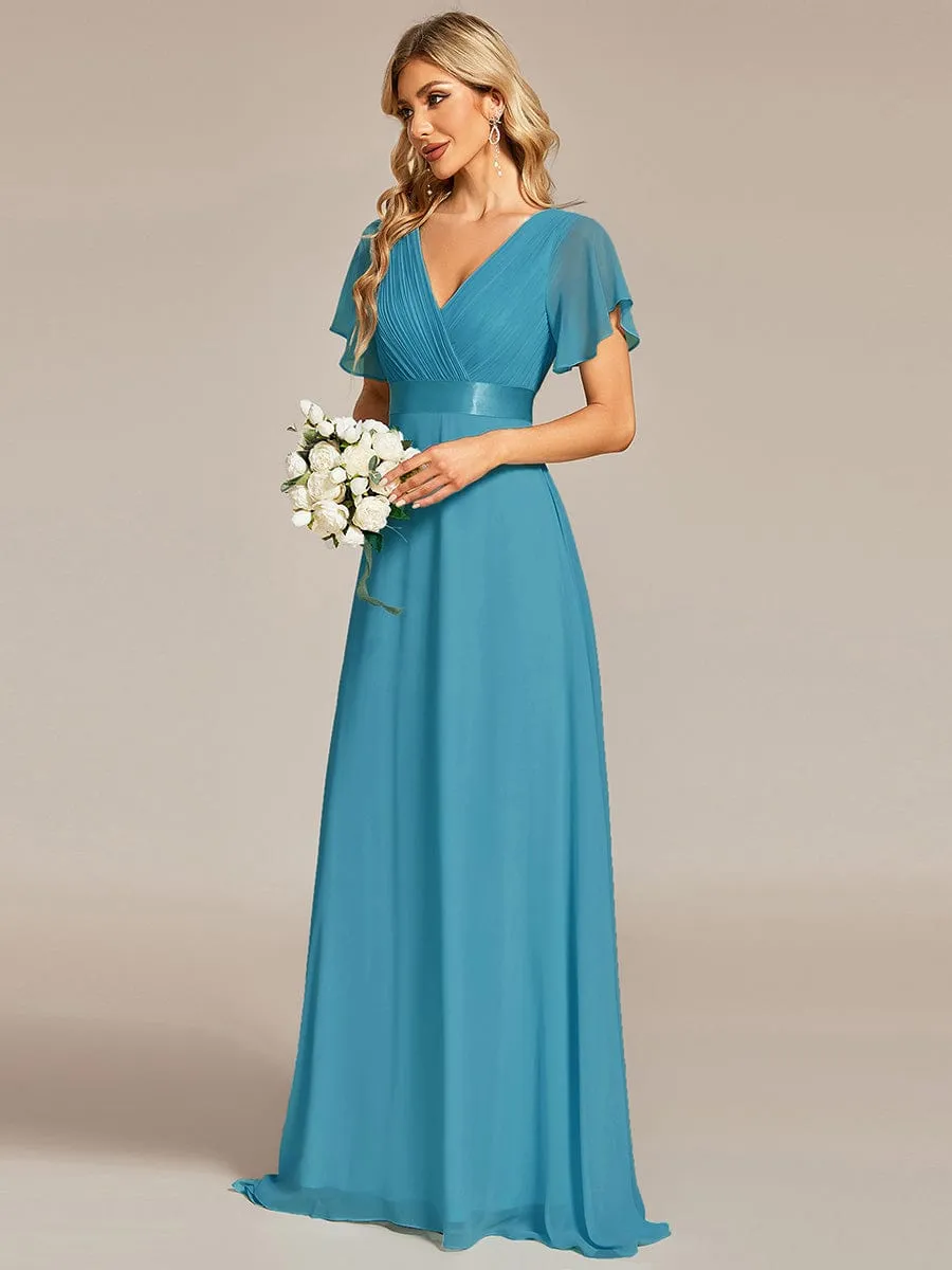 Monica | Long Empire Waist Bridesmaid Dress with Short Flutter Sleeves