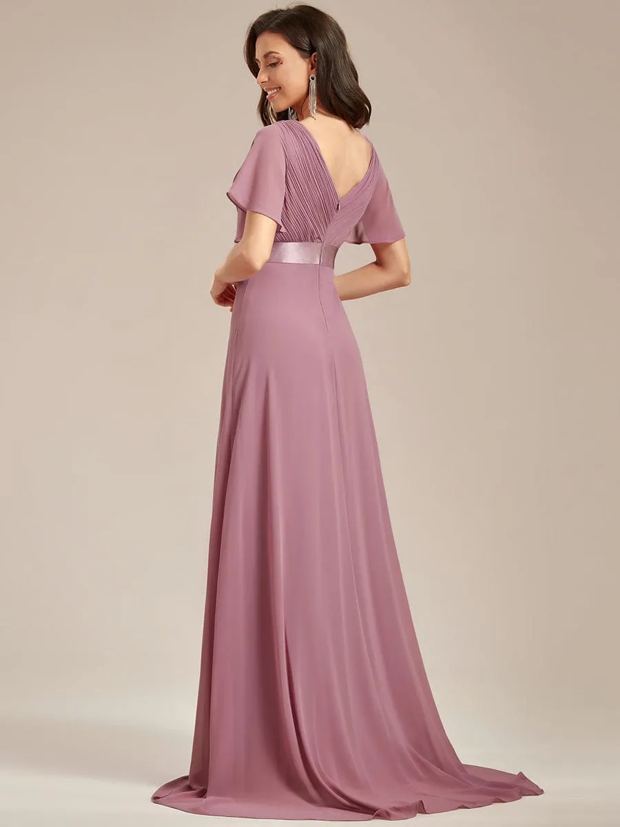 Monica | Long Empire Waist Bridesmaid Dress with Short Flutter Sleeves