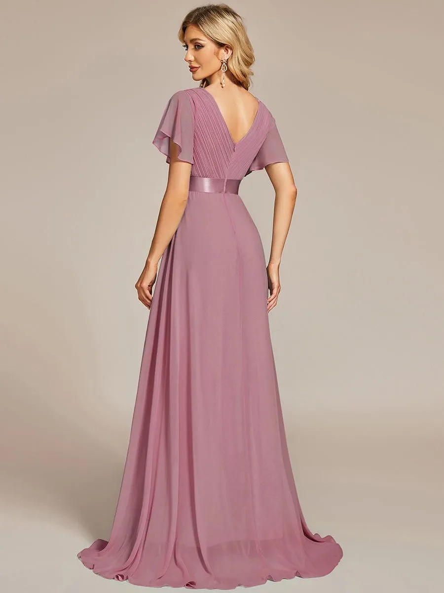 Monica | Long Empire Waist Bridesmaid Dress with Short Flutter Sleeves