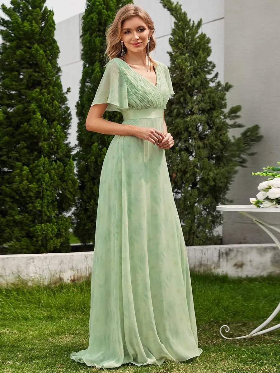 Monica | Long Empire Waist Bridesmaid Dress with Short Flutter Sleeves