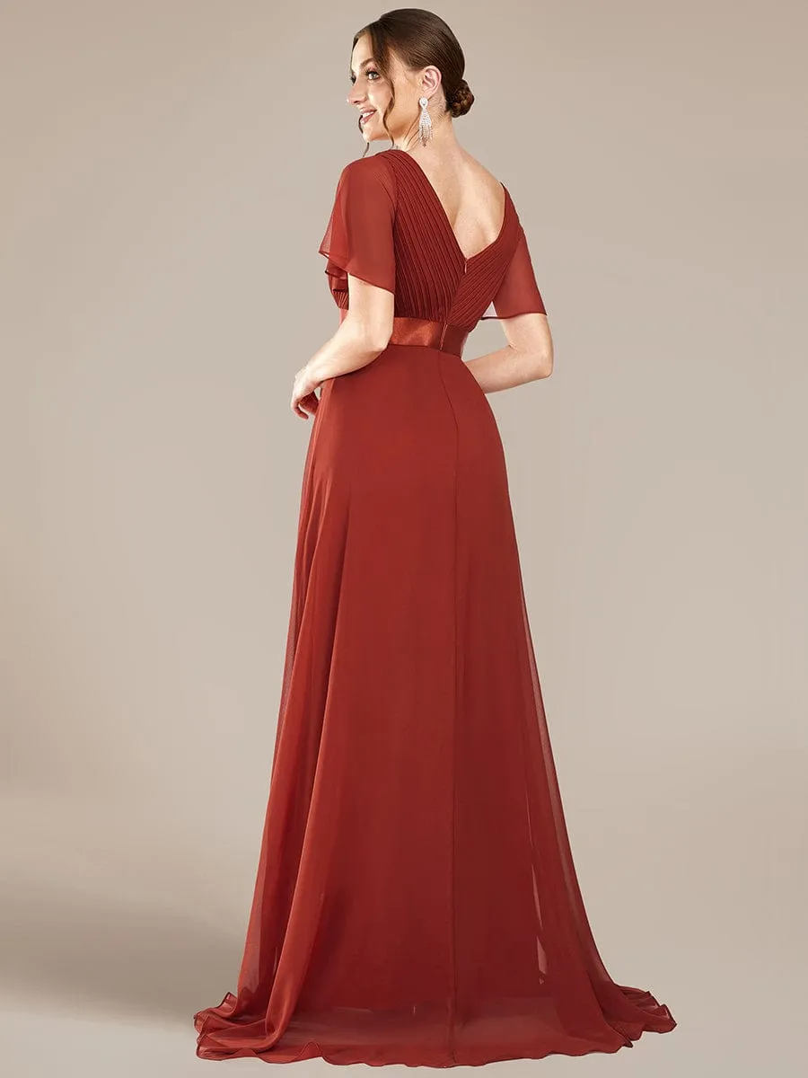 Monica | Long Empire Waist Bridesmaid Dress with Short Flutter Sleeves