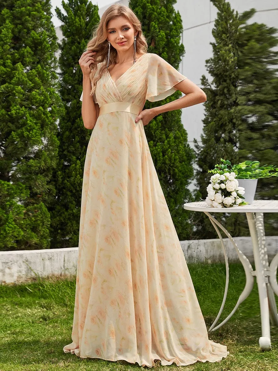 Monica | Long Empire Waist Bridesmaid Dress with Short Flutter Sleeves