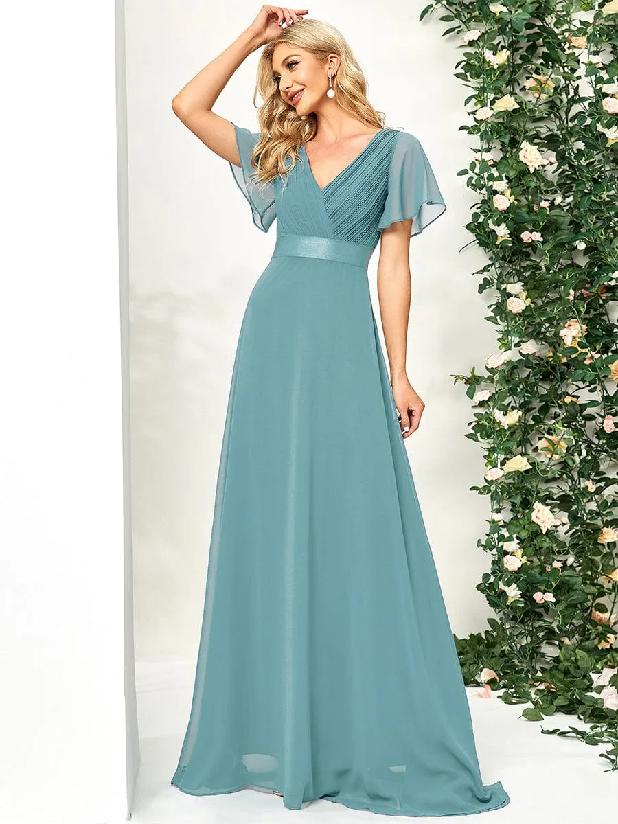 Monica | Long Empire Waist Bridesmaid Dress with Short Flutter Sleeves