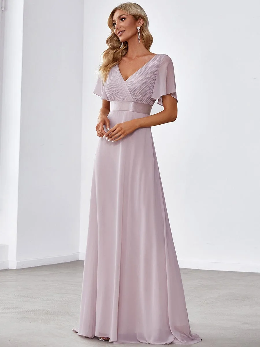 Monica | Long Empire Waist Bridesmaid Dress with Short Flutter Sleeves