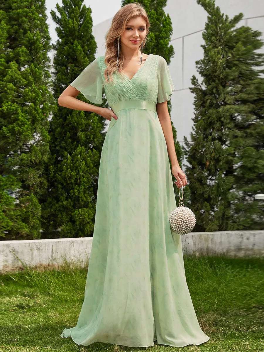 Monica | Long Empire Waist Bridesmaid Dress with Short Flutter Sleeves