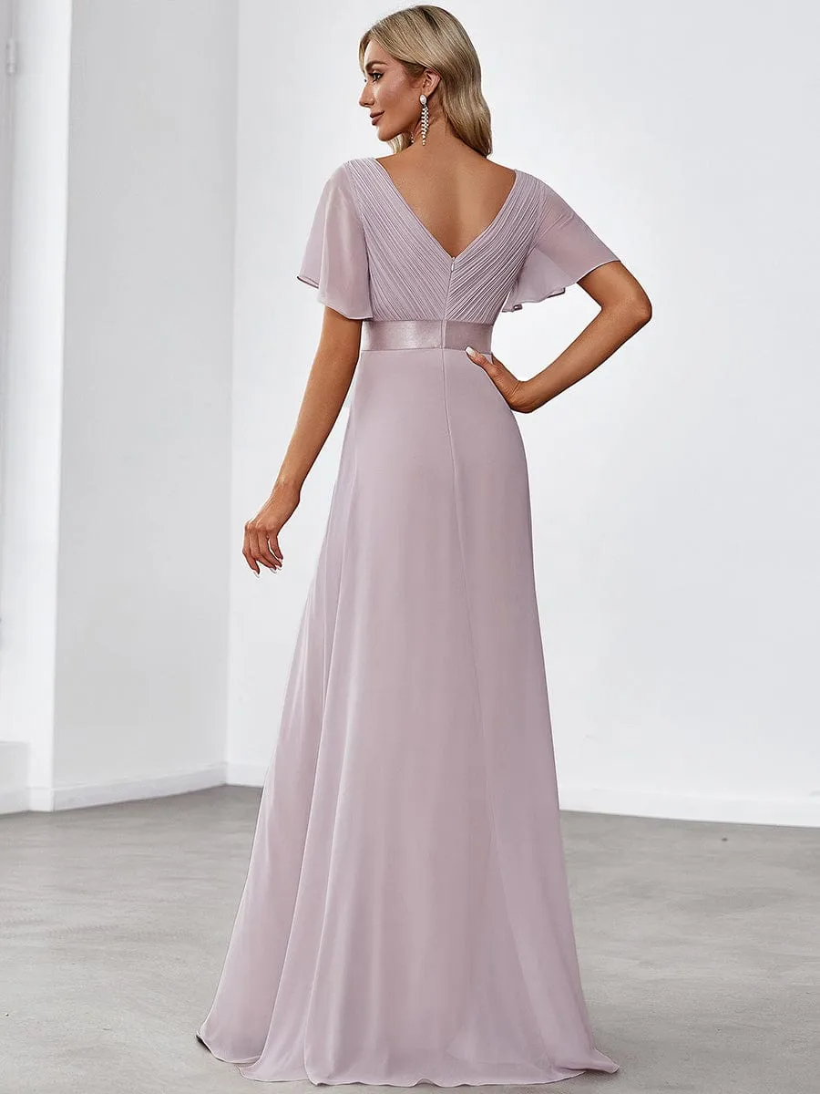 Monica | Long Empire Waist Bridesmaid Dress with Short Flutter Sleeves