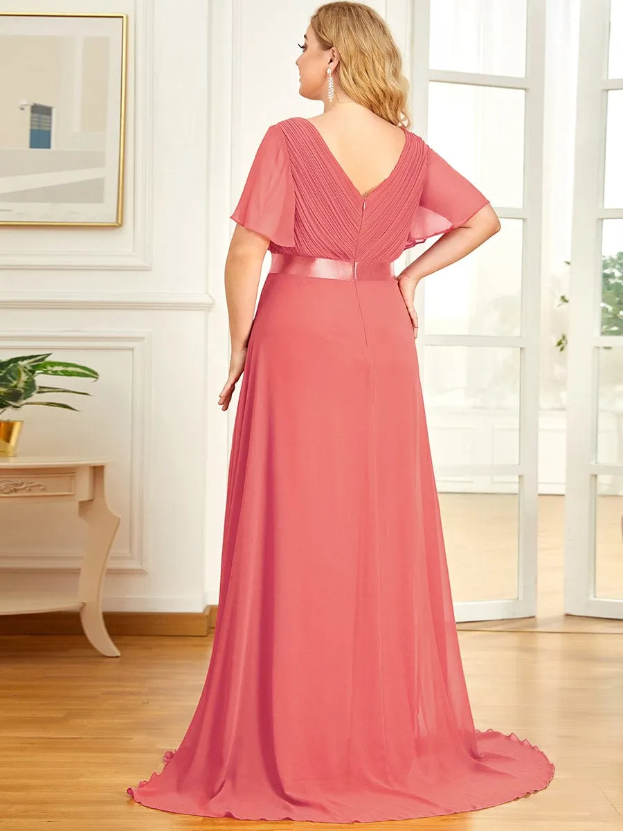 Monica | Long Empire Waist Bridesmaid Dress with Short Flutter Sleeves