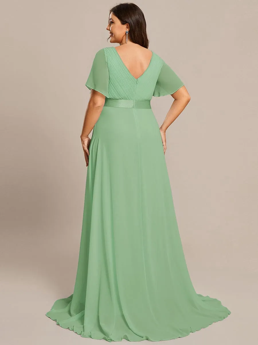 Monica | Long Empire Waist Bridesmaid Dress with Short Flutter Sleeves