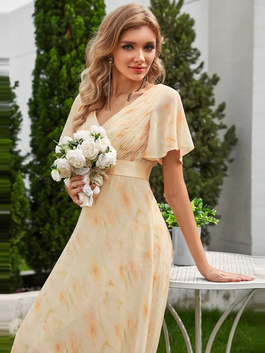 Monica | Long Empire Waist Bridesmaid Dress with Short Flutter Sleeves