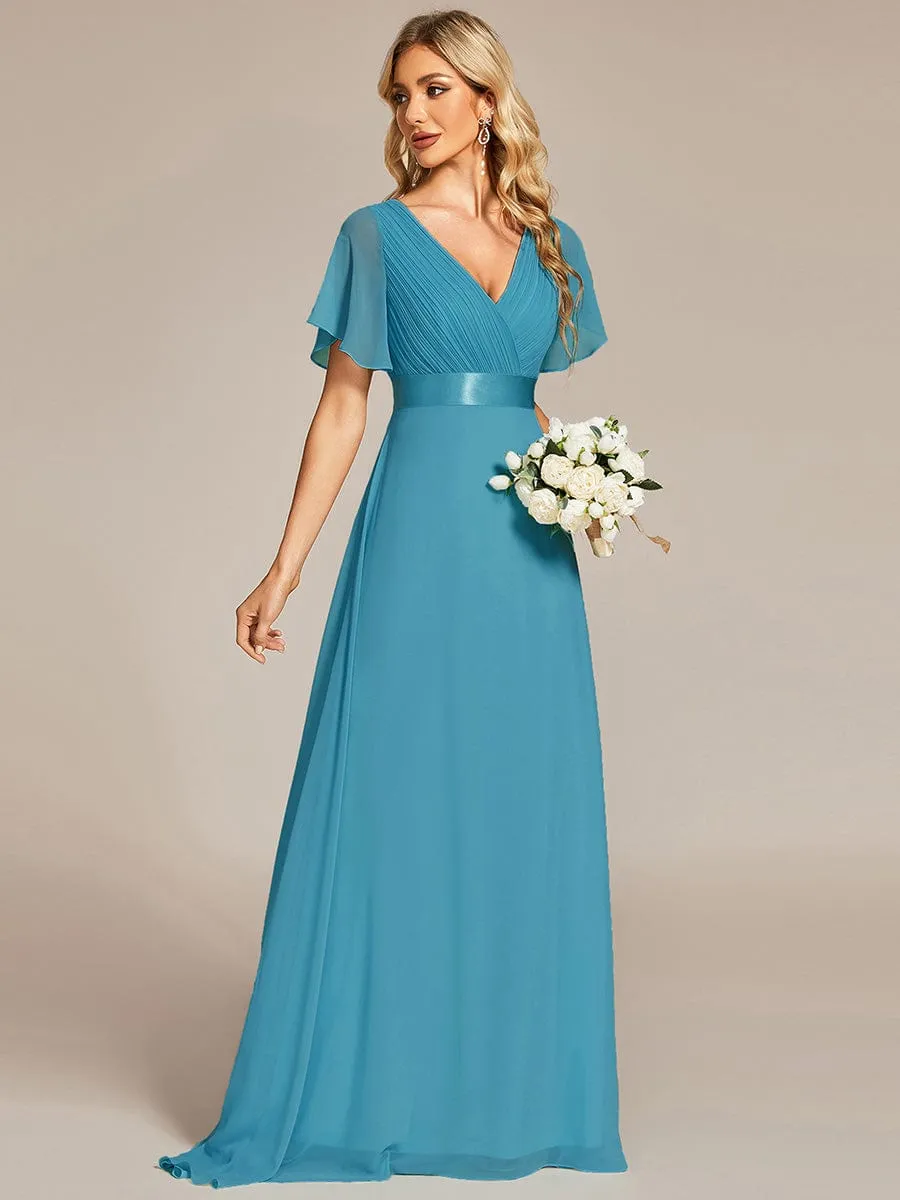 Monica | Long Empire Waist Bridesmaid Dress with Short Flutter Sleeves