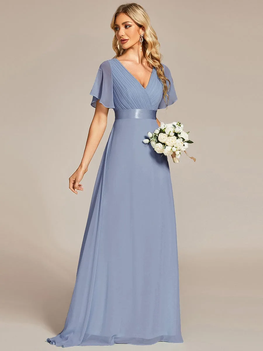 Monica | Long Empire Waist Bridesmaid Dress with Short Flutter Sleeves