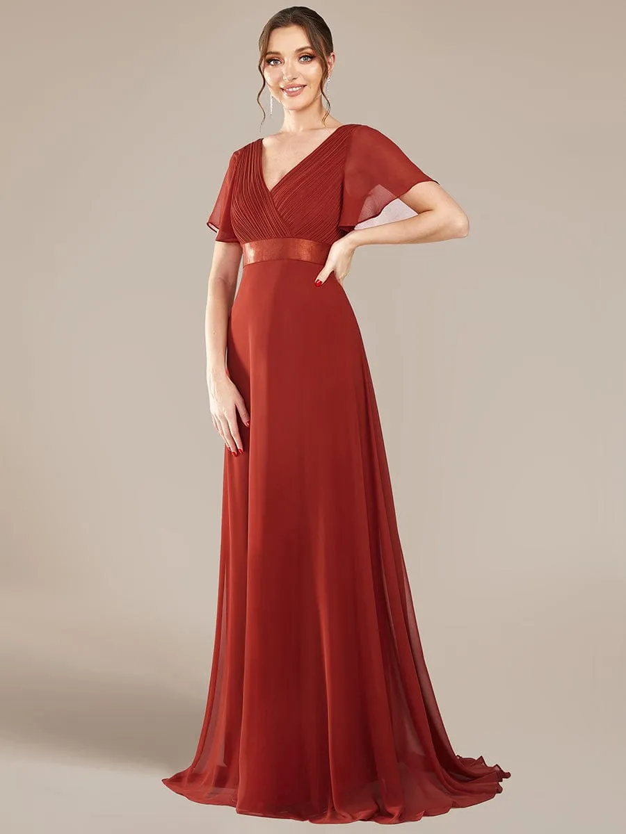 Monica | Long Empire Waist Bridesmaid Dress with Short Flutter Sleeves