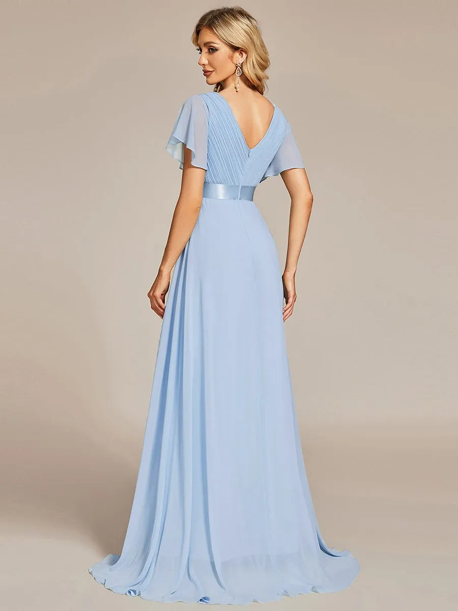 Monica | Long Empire Waist Bridesmaid Dress with Short Flutter Sleeves