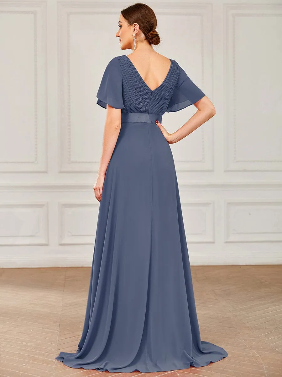 Monica | Long Empire Waist Bridesmaid Dress with Short Flutter Sleeves