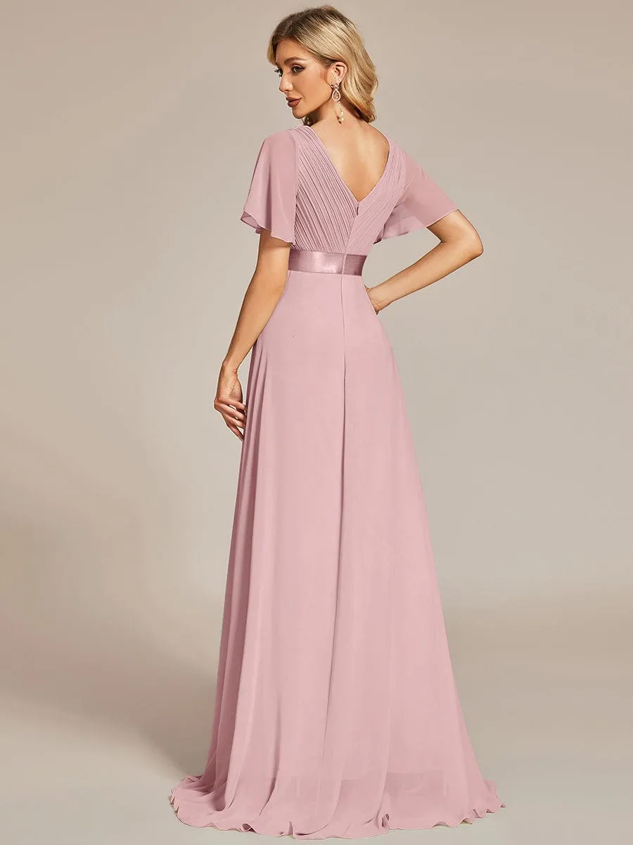 Monica | Long Empire Waist Bridesmaid Dress with Short Flutter Sleeves