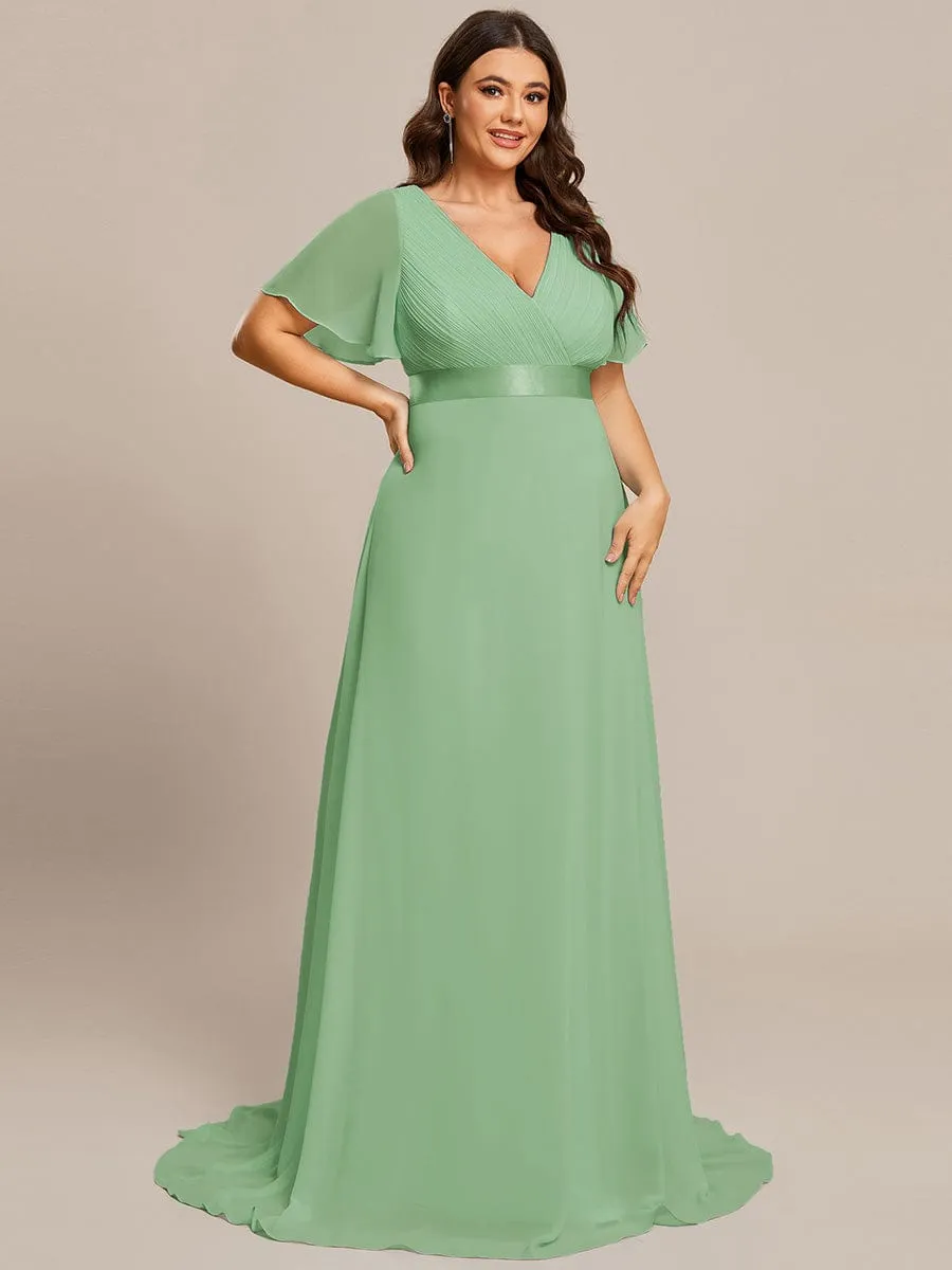 Monica | Long Empire Waist Bridesmaid Dress with Short Flutter Sleeves