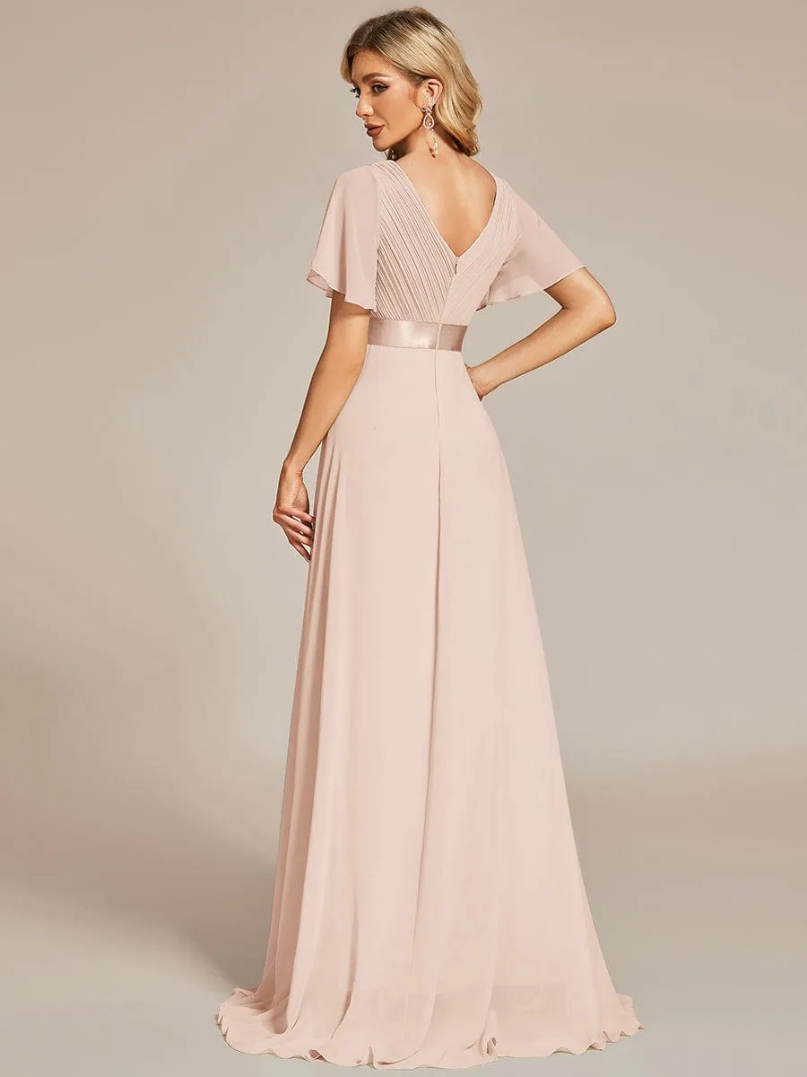 Monica | Long Empire Waist Bridesmaid Dress with Short Flutter Sleeves