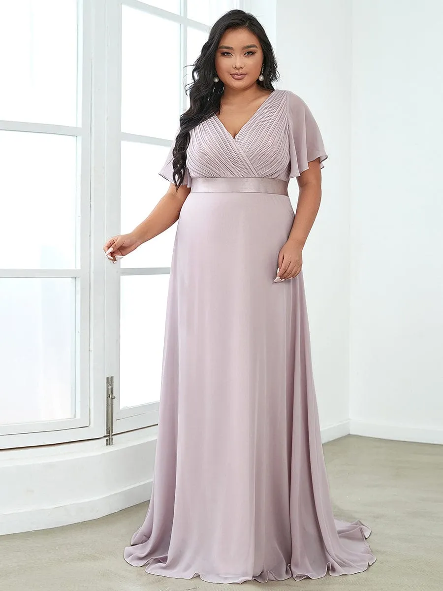 Monica | Long Empire Waist Bridesmaid Dress with Short Flutter Sleeves