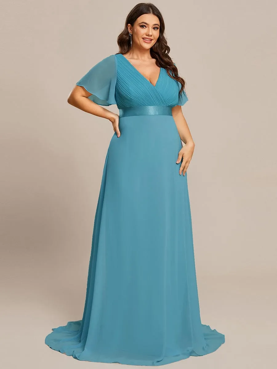 Monica | Long Empire Waist Bridesmaid Dress with Short Flutter Sleeves